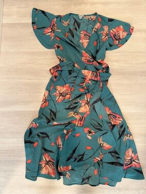 a new day Teal Floral Wrap Midi Dress with Coral Accents